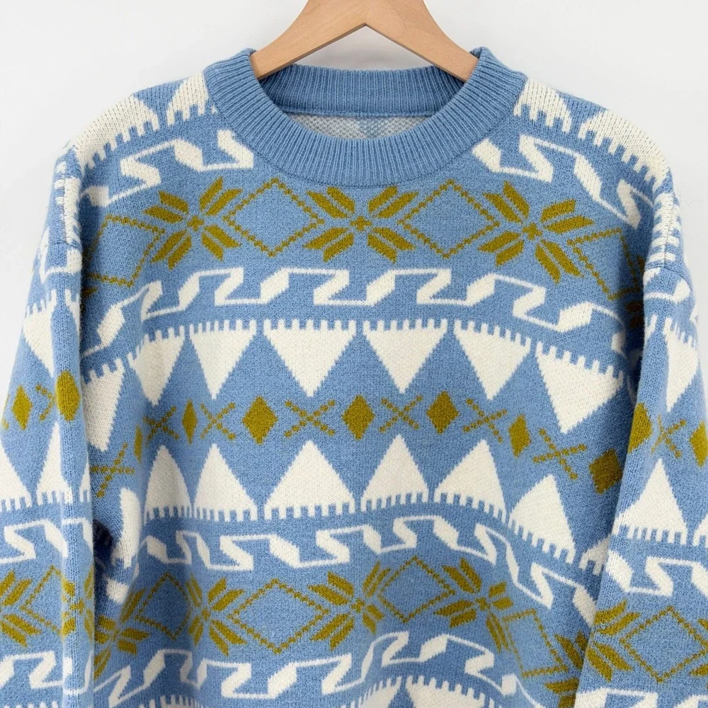Vtg Style Fair Isle Chunky Double-Knit Crewneck Nordic Ski Sweater Geometric